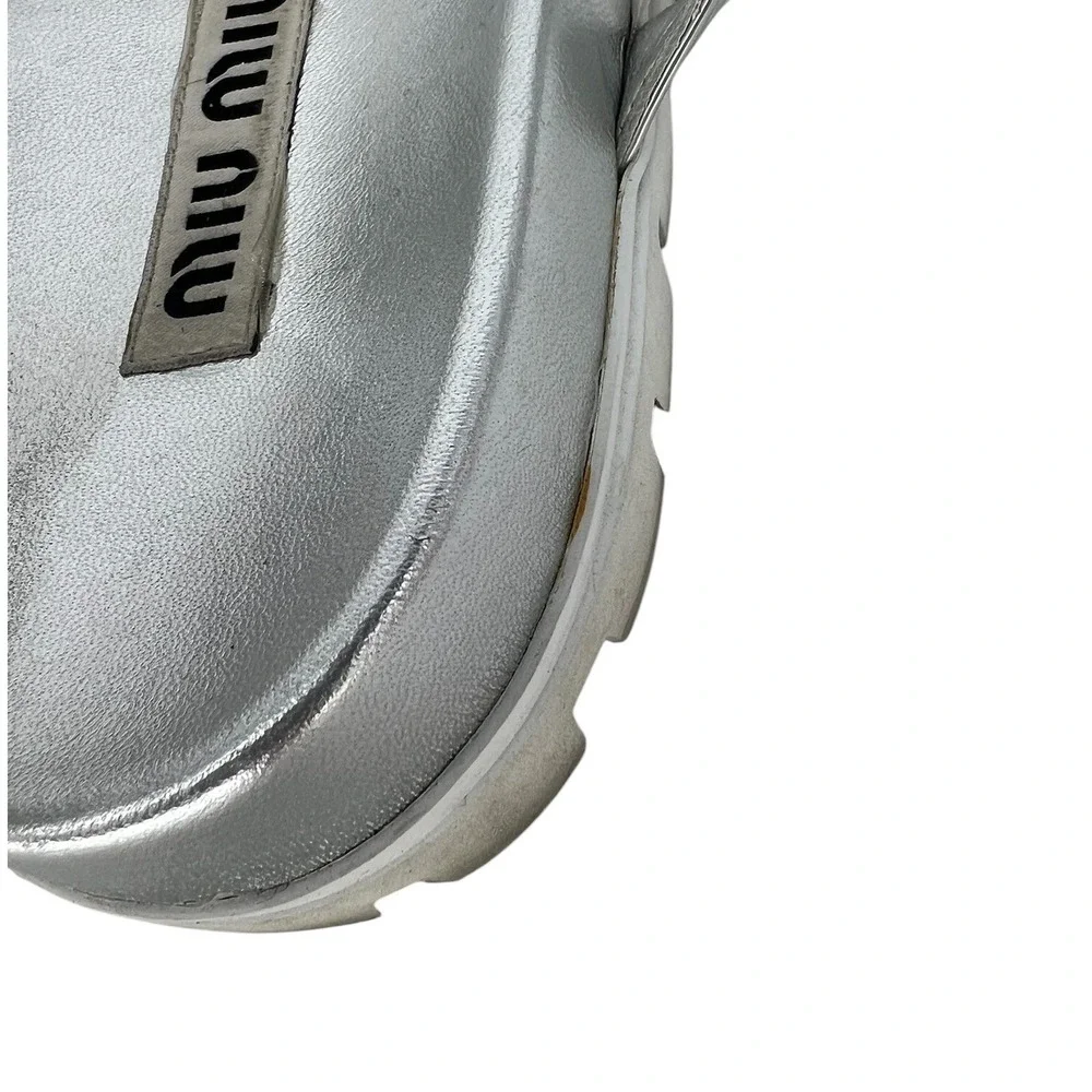 Miu Miu Argento Crystal Embellished Platform Slide Sandals Silver Size 39.5